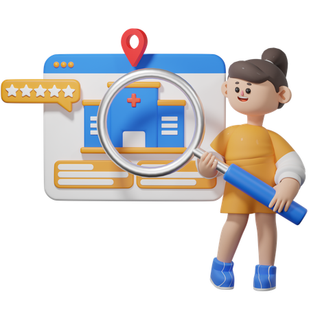 Woman Finding Nearby Hospital Online  3D Icon