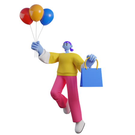 Woman Fly While Holding Balloons And Shopping Bags  3D Illustration