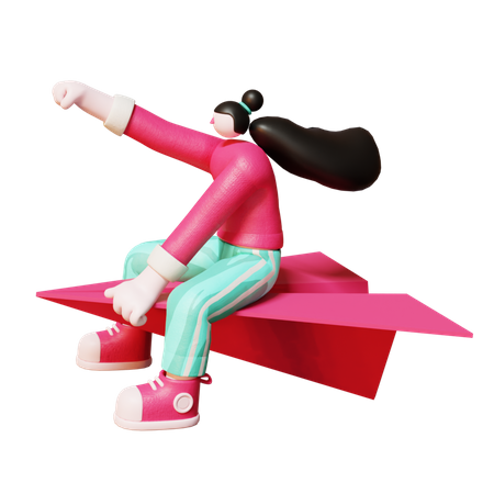 Woman Flying on paper plane  3D Icon