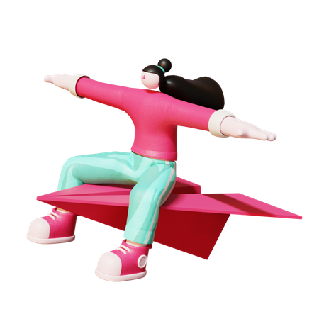 Woman Flying on paper plane  3D Icon