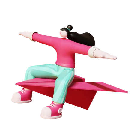 Woman Flying on paper plane  3D Illustration