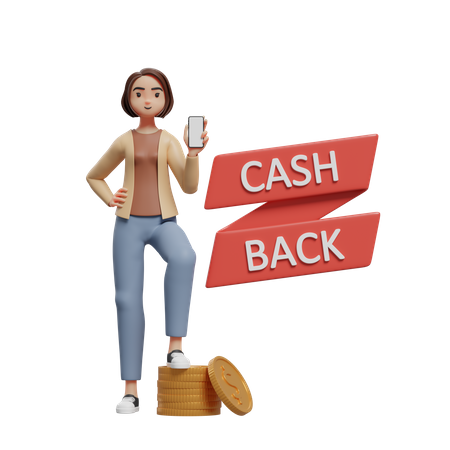 Woman getting cashback and showing mobile screen  3D Illustration