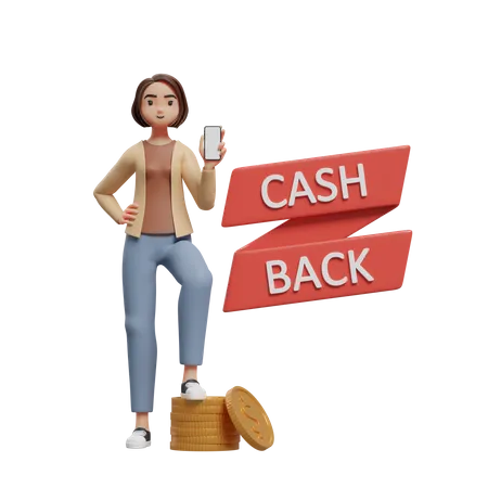 Woman getting cashback and showing mobile screen  3D Illustration