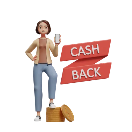 Woman getting cashback and showing mobile screen 3D Illustration