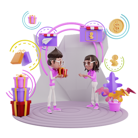 Woman getting online birthday gift  3D Illustration