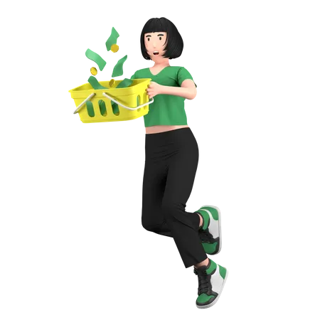 Woman getting shopping cashback  3D Illustration