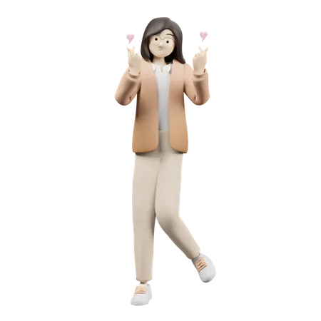 Woman Giving Korean Love Hand  3D Illustration