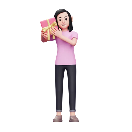 Woman Guesses The Contents Of A Gift By Listening To It Girl Celebrating Valentines Day 3 D Illustration 3D Illustration