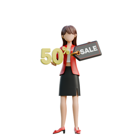 Woman Holding A 50 Off Sign  3D Illustration