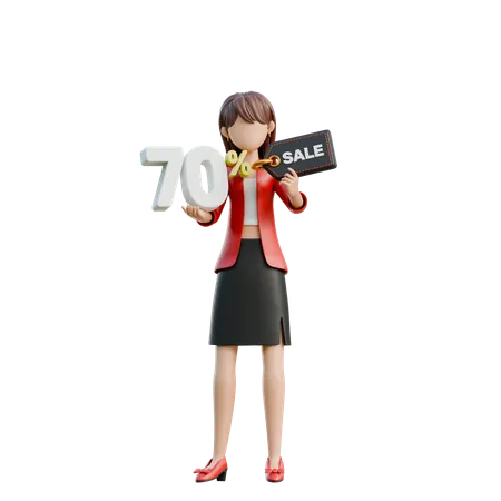 巨大な70％オフの看板を持つ女性  3D Illustration