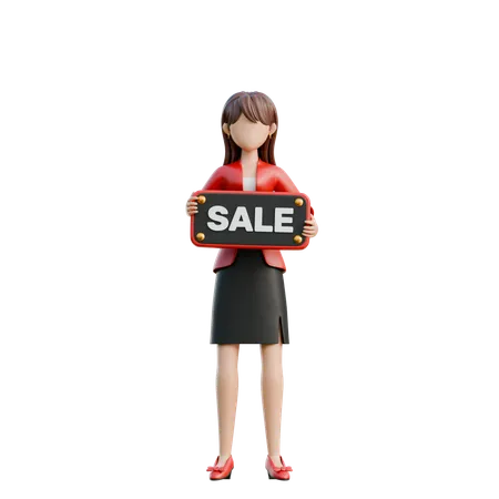 Woman Holding A Huge Sale Sign  3D Illustration