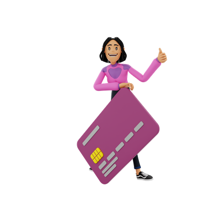 Woman holding bank card while showing thumbs up  3D Illustration