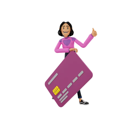 Woman holding bank card while showing thumbs up  3D Illustration