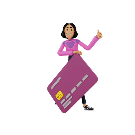 Woman holding bank card while showing thumbs up 3D Illustration