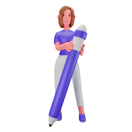 Woman holding big pencil  3D Illustration