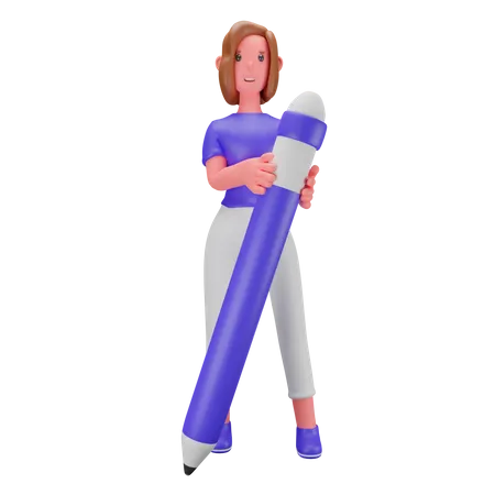 Woman holding big pencil  3D Illustration