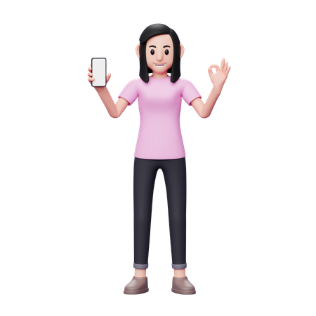 Woman holding blank screen mobile and showing ok finger  3D Icon
