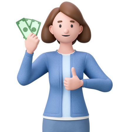 Woman Holding Cash And Giving Thumb Up  3D Illustration