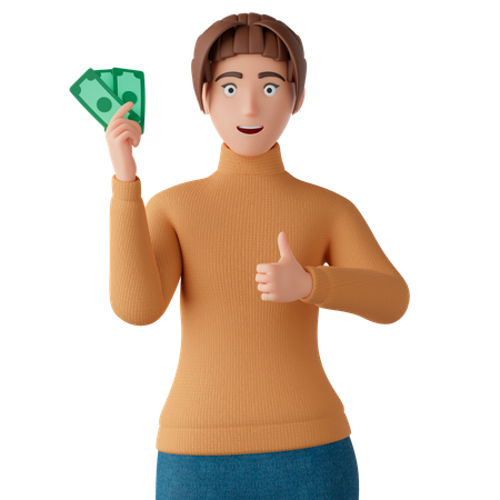 Woman Holding Cash And Giving Thumb Up  3D Illustration