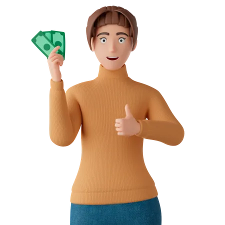 Woman Holding Cash And Giving Thumb Up  3D Illustration