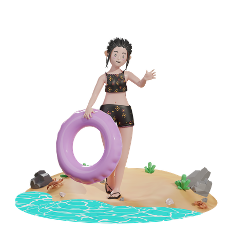 Woman holding floating balloon  3D Illustration