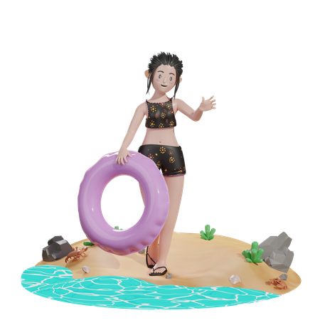 Woman holding floating balloon 3D Illustration