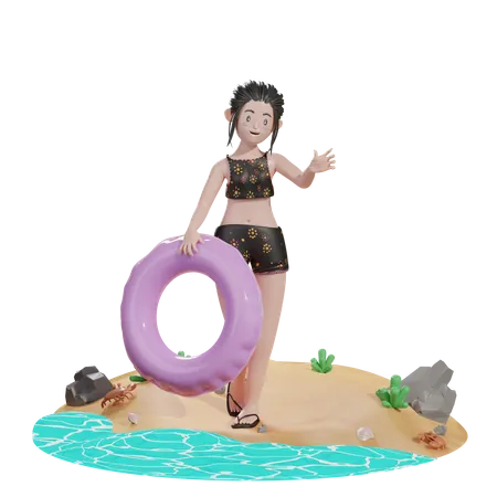 Woman holding floating balloon  3D Illustration