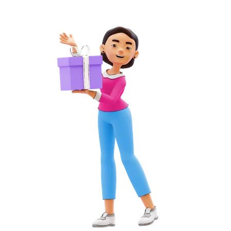 Woman holding gift 3D Illustration