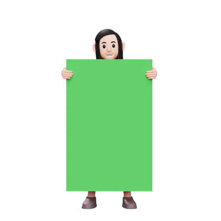 Girl Peeking Behind A Big Green Screen Only His Head 3 D Character Illustration 3D Illustration