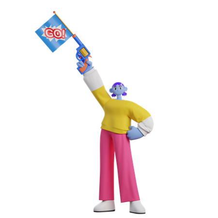 Woman Holding Gun To Mark Start Of Running Go  3D Icon