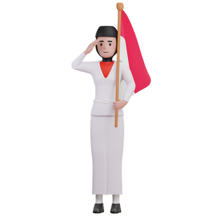 Woman Holding Indonesian Flag  3D Illustration