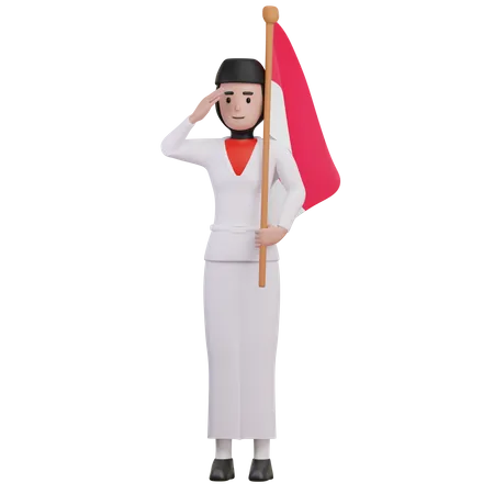 Woman Holding Indonesian Flag  3D Illustration