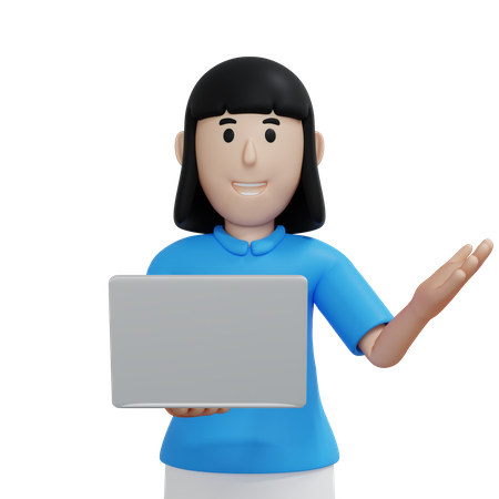 Woman holding laptop and explaining something  3D Illustration