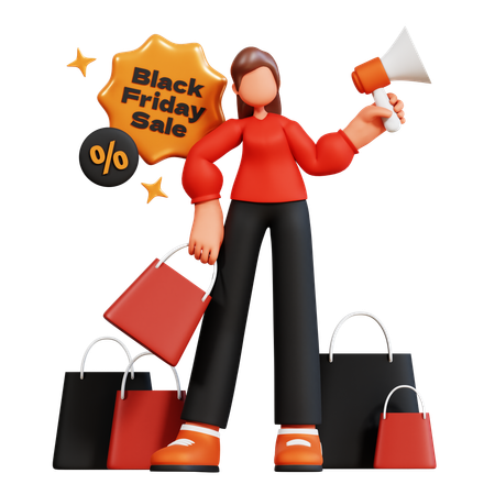 Woman holding megaphone and doing black friday sale announcement  3D Illustration