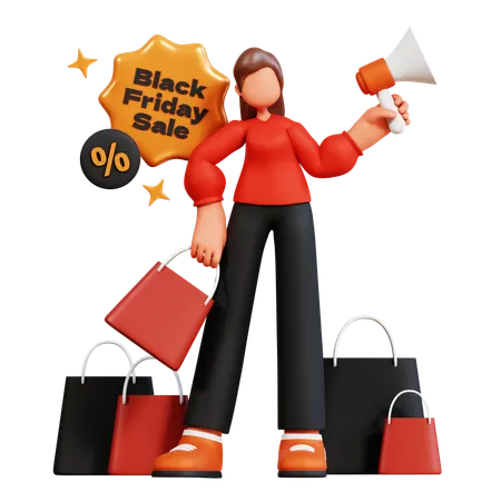 Woman holding megaphone and doing black friday sale announcement  3D Illustration