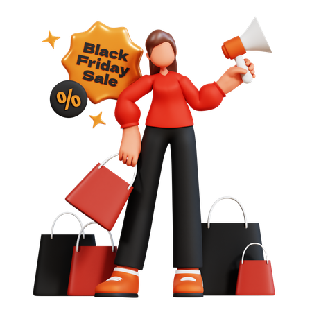 Woman holding megaphone and doing black friday sale announcement  3D Illustration