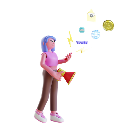 Woman holding megaphone doing digital marketing 3D Illustration