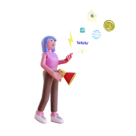 Woman holding megaphone doing digital marketing 3D Illustration