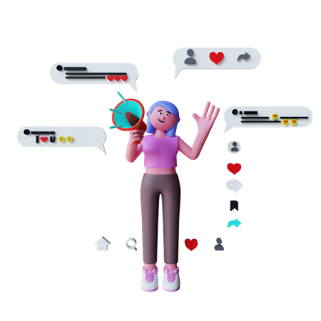 Woman holding megaphone doing social media marketing 3D Illustration