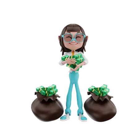 Woman holding money with money bag  3D Illustration