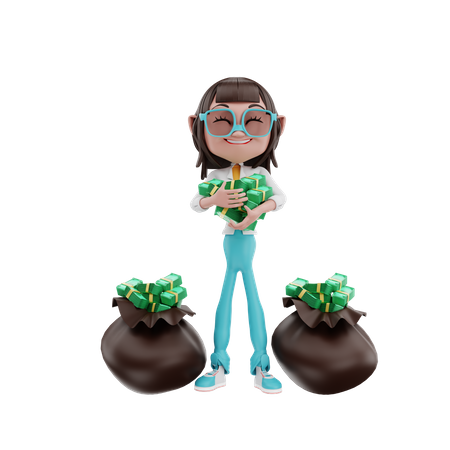 Woman holding money with money bag 3D Illustration