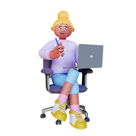 Woman Holding Pencil And Sit On Chair With Laptop  3D Icon