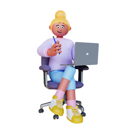 Woman Holding Pencil And Sit On Chair With Laptop  3D Illustration