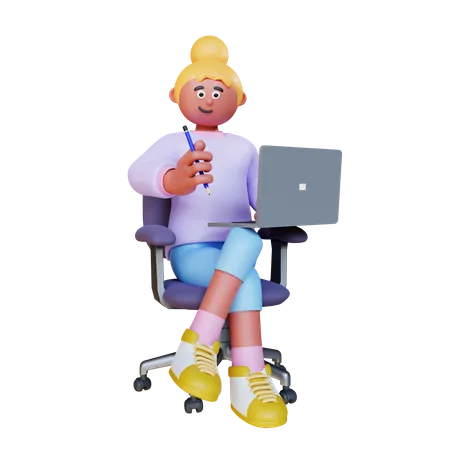 Young Woman Holding Pencil Laptop And Sit On Chair 3D Illustration
