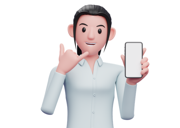 Woman holding phone with Call me gesture  3D Icon
