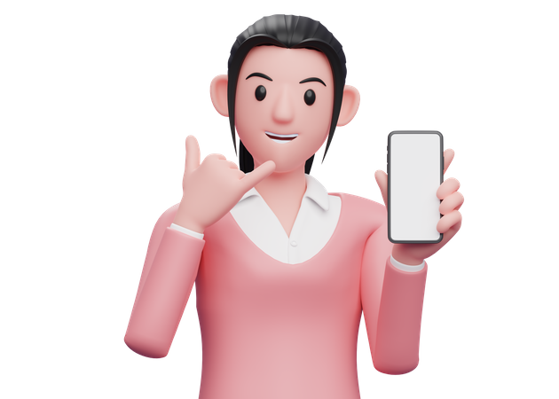 Woman holding phone with Call me gesture  3D Illustration