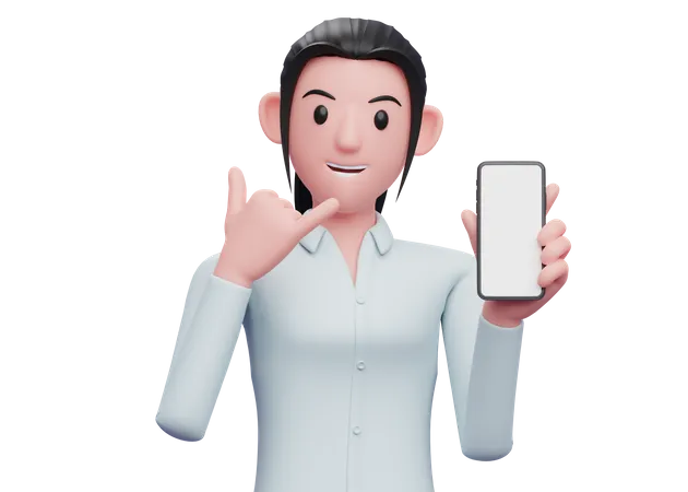 Portrait Of A Woman Holding A Cell Phone With The Gesture Call Me Sign Finger 3 D Render Character Illustration 3D Illustration