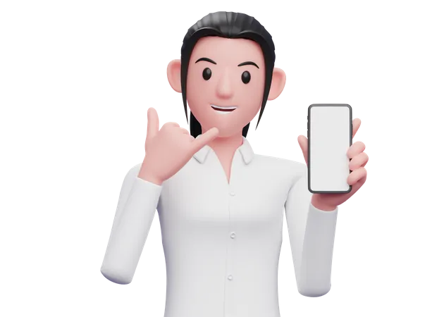 Portrait Business Woman Holding A Cell Phone With Call Me Sign Finger Gesture 3 D Render Close Up Girl Character 3D Illustration