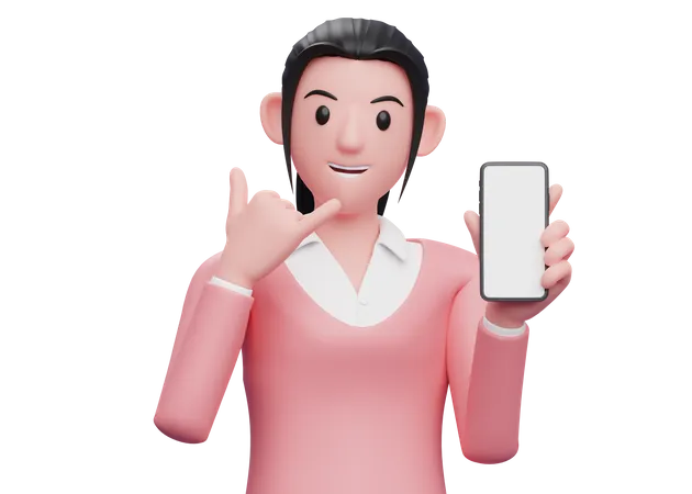 Girl In Pink Sweatshirt Holding A Cell Phone With The Gesture Call Me Sign Finger 3 D Render Character Illustration 3D Illustration