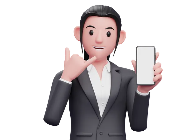 Portrait Business Woman In Formal Suit Doing Call Me Sign Finger Gesture And Holding Smartphone 3 D Render Close Up Girl Character 3D Illustration